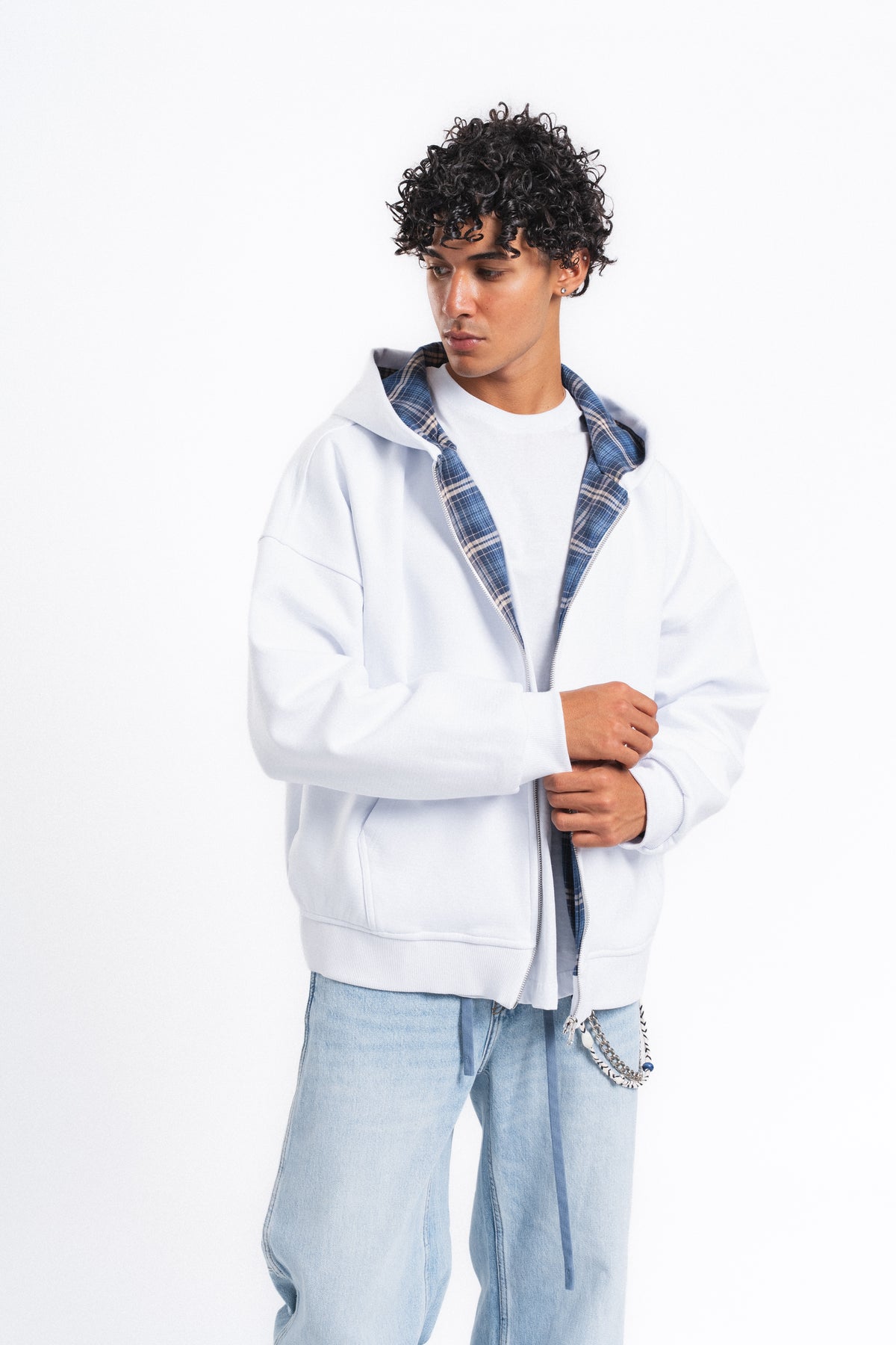 Switch Kareli Çift Taraflı Fermuarlı Hoodie Mavi