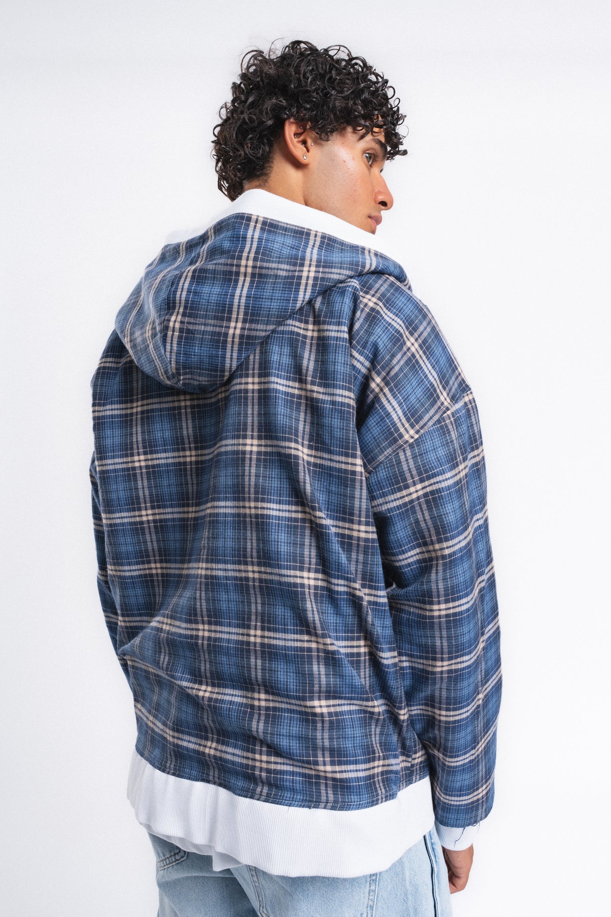Switch Kareli Çift Taraflı Fermuarlı Hoodie Mavi