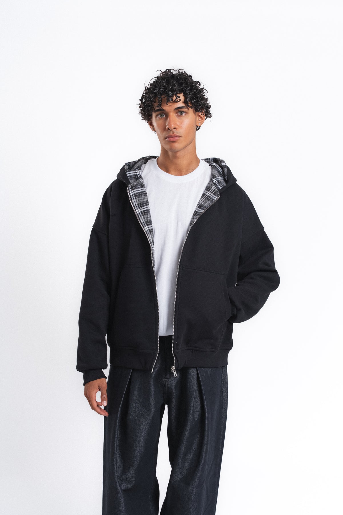 Switch Kareli Çift Taraflı Fermuarlı Hoodie Siyah