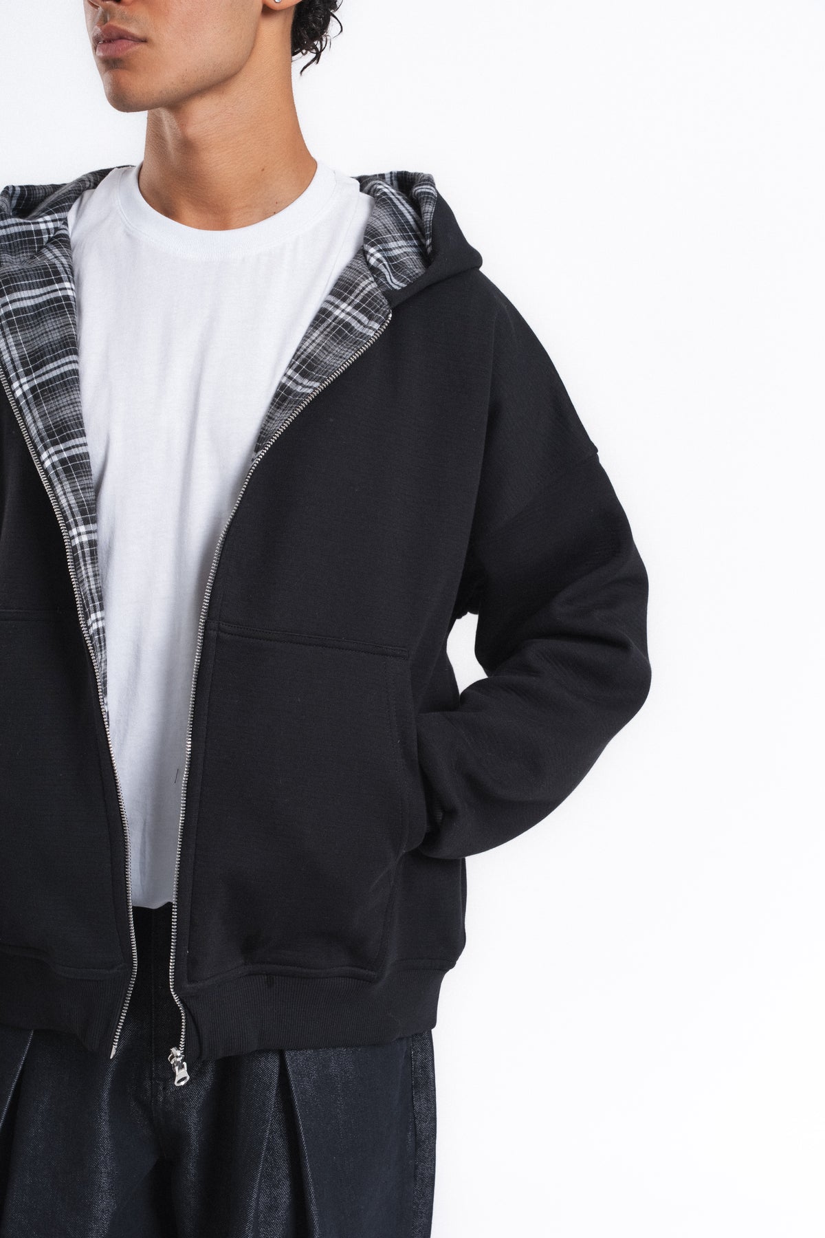 Switch Kareli Çift Taraflı Fermuarlı Hoodie Siyah