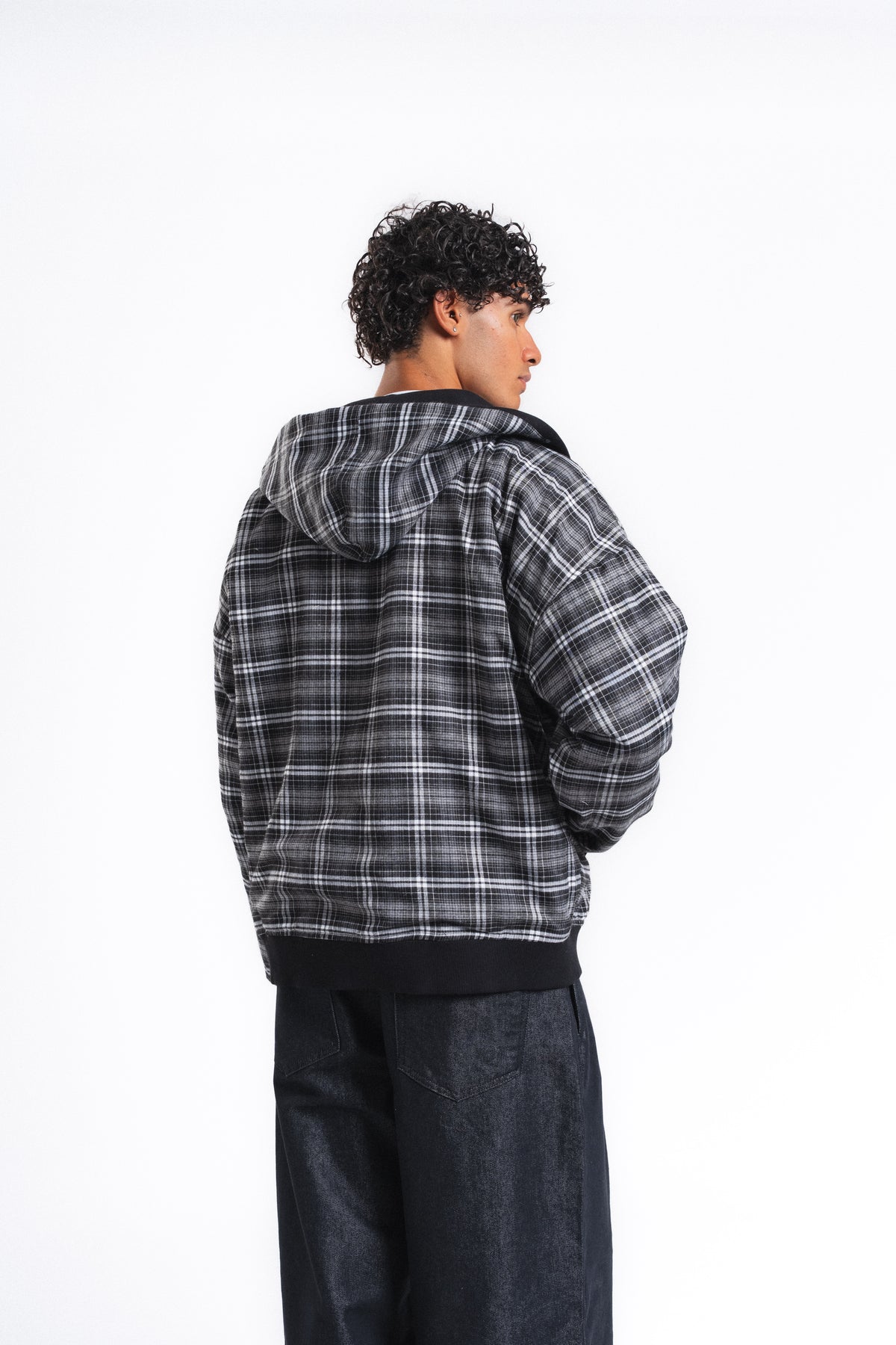 Switch Kareli Çift Taraflı Fermuarlı Hoodie Siyah