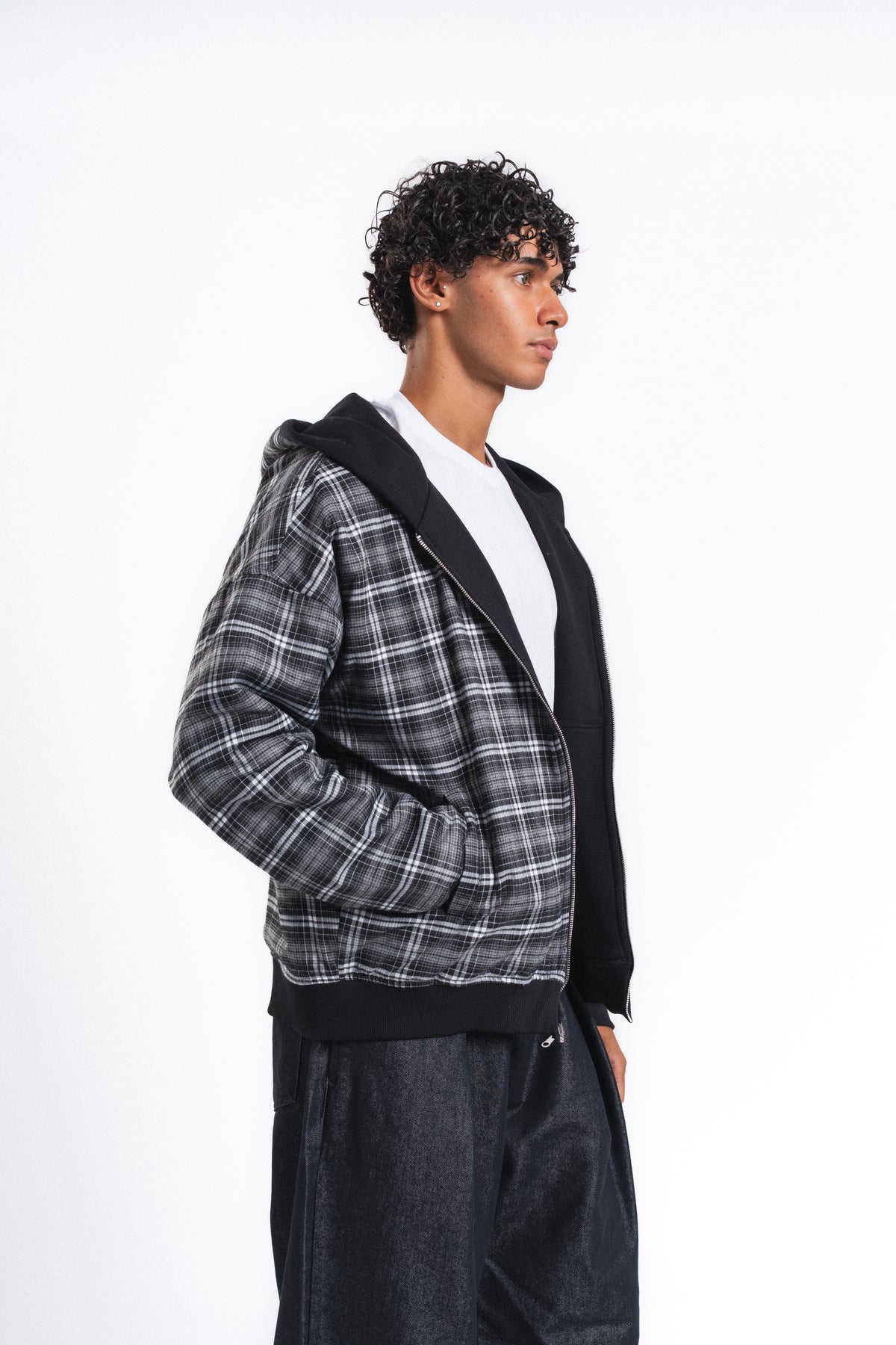 Switch Kareli Çift Taraflı Fermuarlı Hoodie Siyah