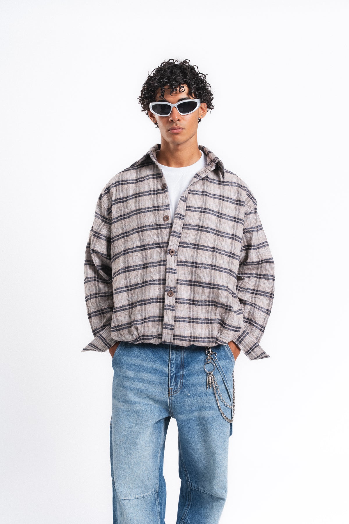 Grid Kareli Oversize Gömlek Ceket Bej