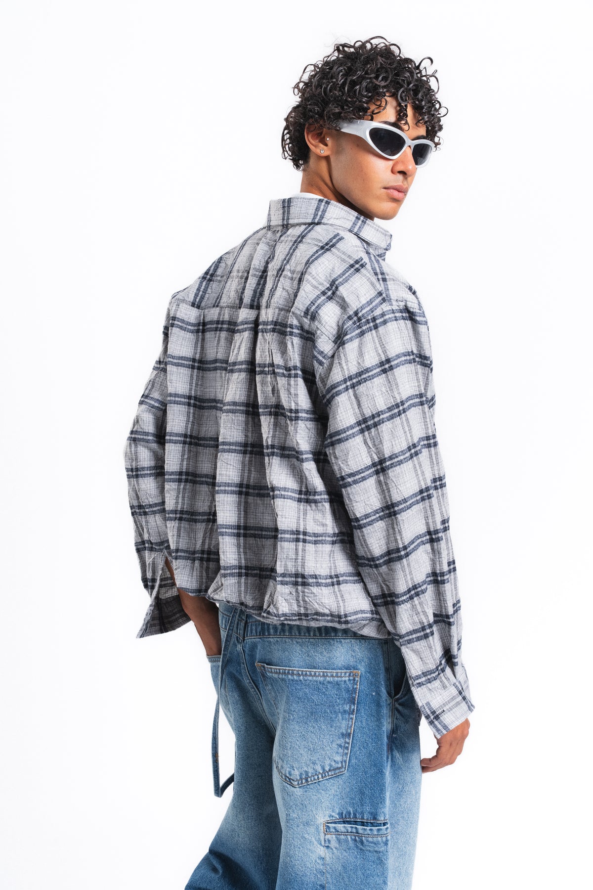 Grid Kareli Oversize Gömlek Ceket Gri