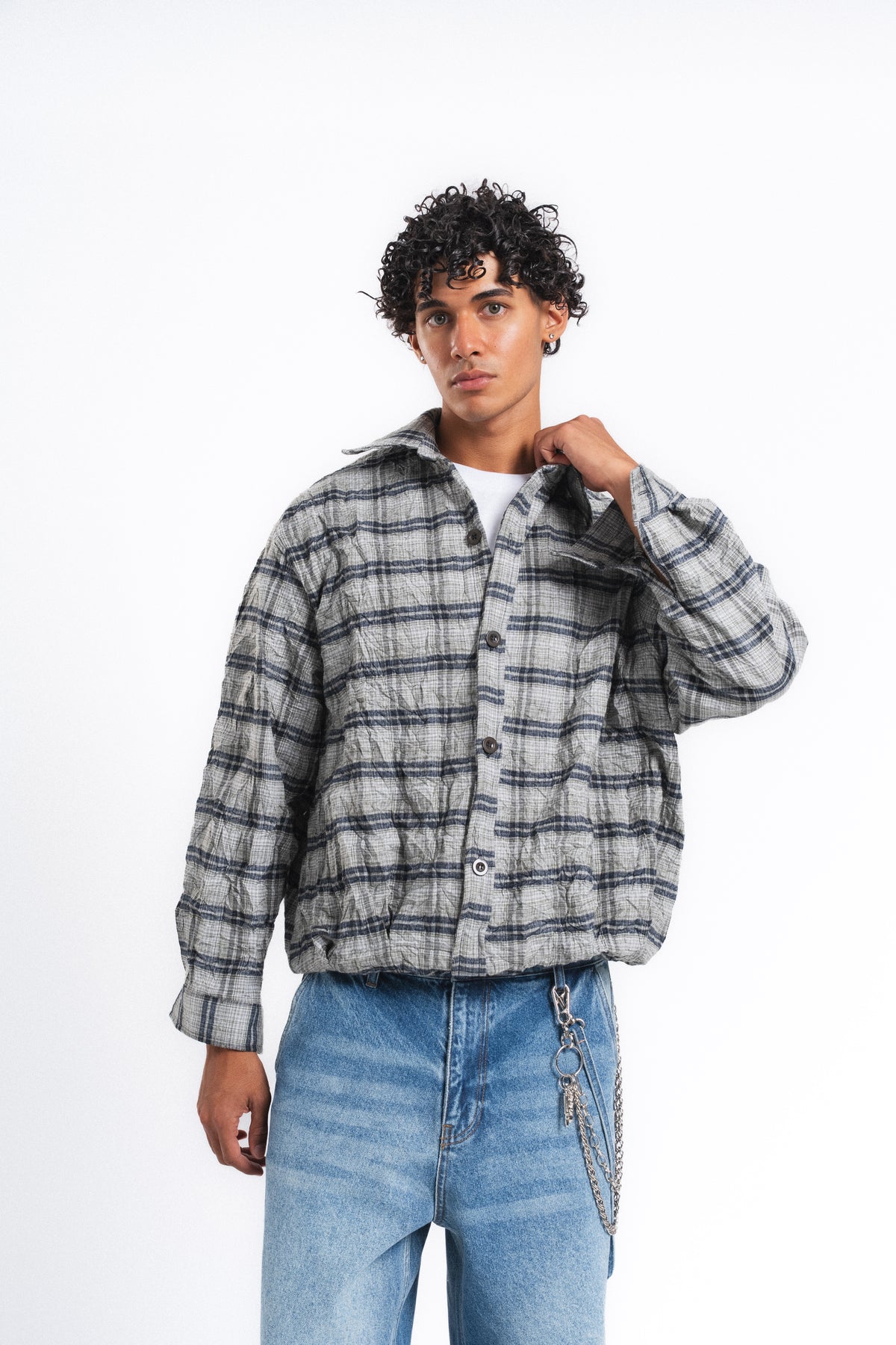 Grid Kareli Oversize Gömlek Ceket Haki