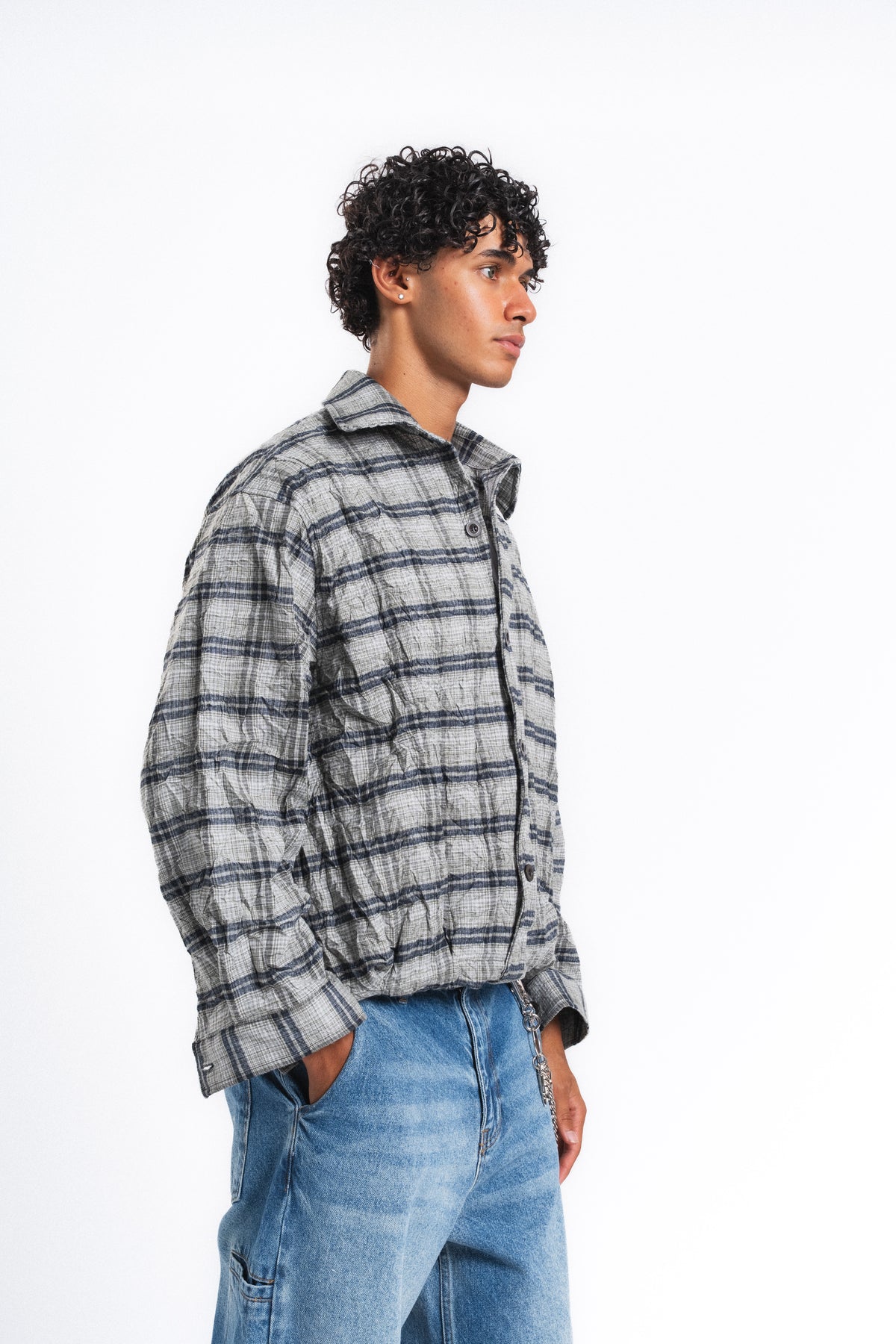 Grid Kareli Oversize Gömlek Ceket Haki