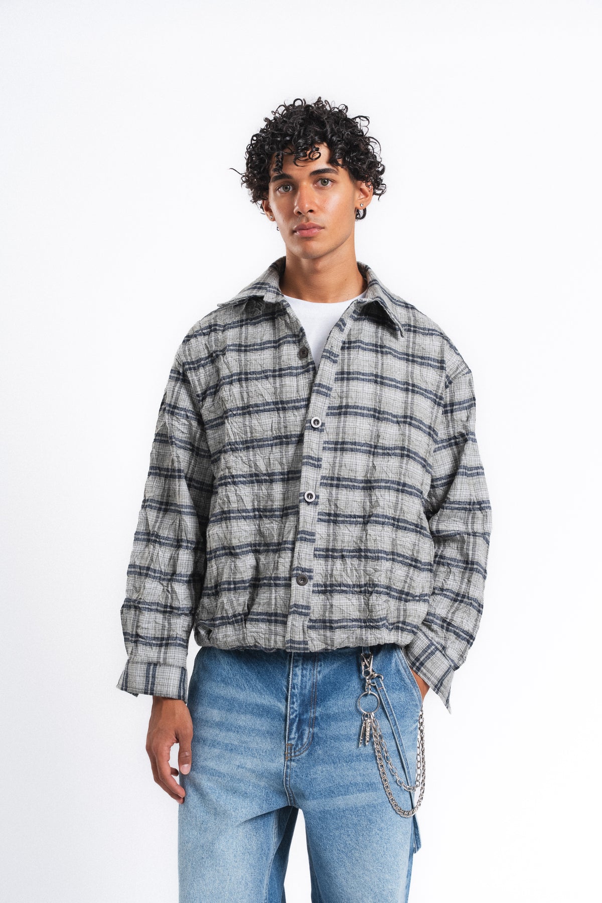 Grid Kareli Oversize Gömlek Ceket Haki