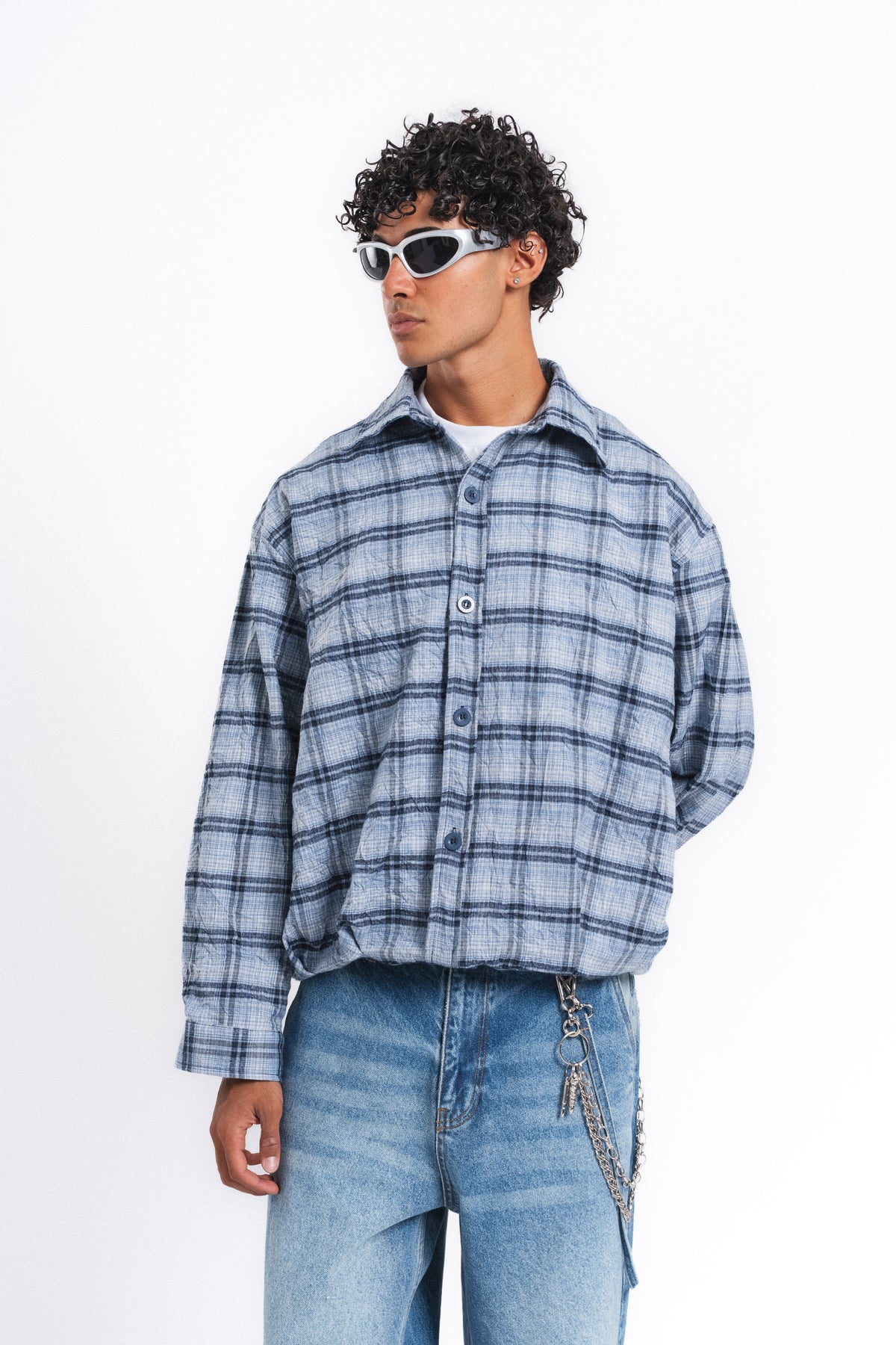Grid Kareli Oversize Gömlek Ceket Mavi