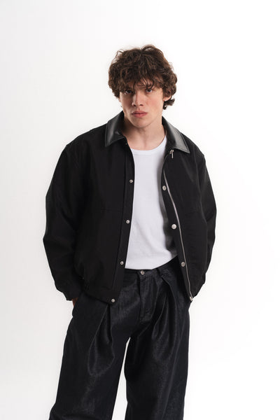 Deri Yakalı Oversize Marakeş Mont - Siyah