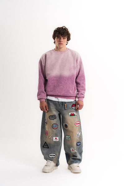 Yıkamalı Oversize Bisiklet Yaka Sweatshirt - Lila