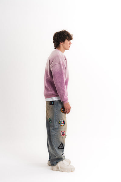 Yıkamalı Oversize Bisiklet Yaka Sweatshirt - Lila