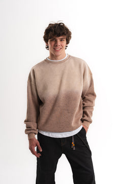Yıkamalı Oversize Bisiklet Yaka Sweatshirt - Vizon