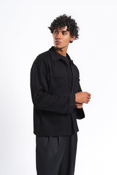 Flow Çift Cep Rahat Kesim Overshirt Gömlek Siyah