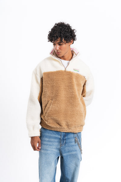 Nordic Renk Bloklu Peluş Sweatshirt Camel