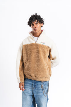 Nordic Renk Bloklu Peluş Sweatshirt Camel