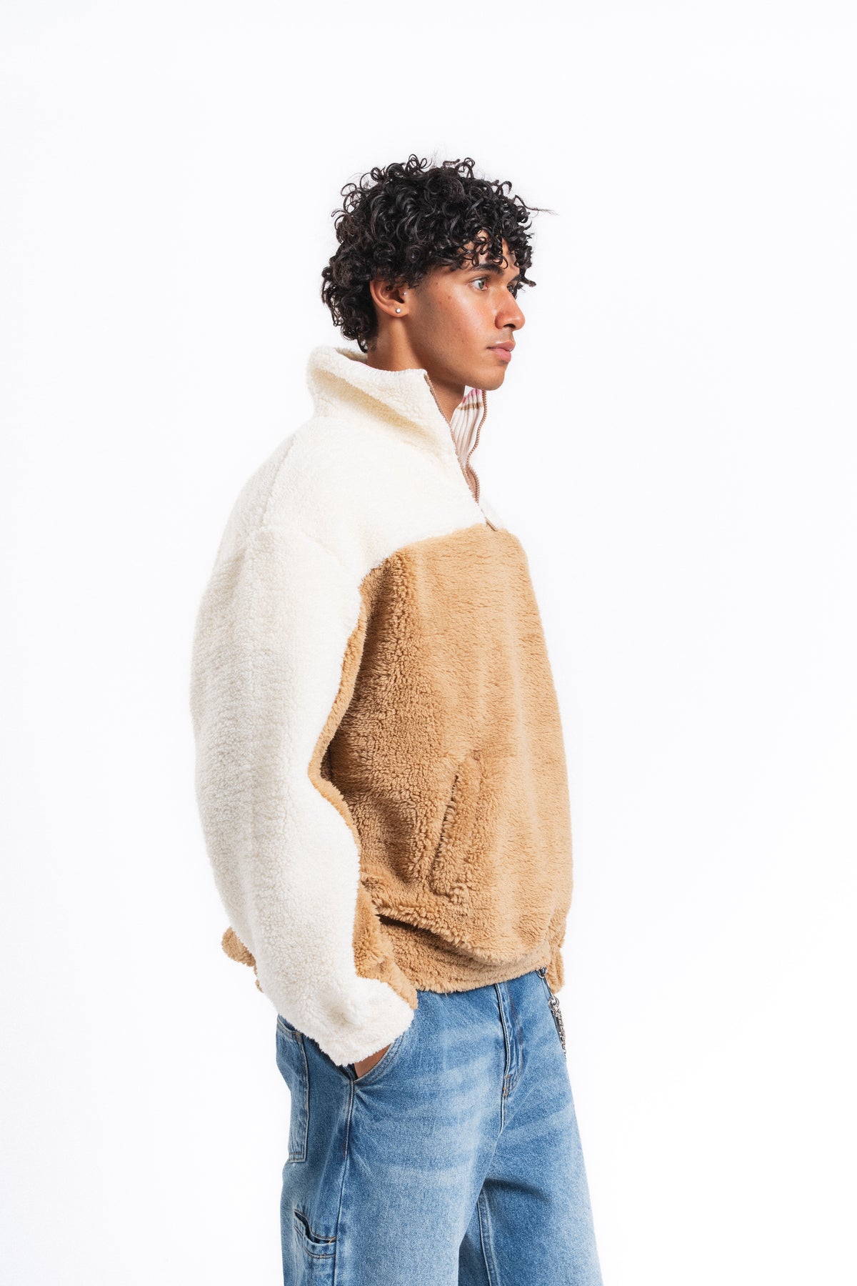 Nordic Renk Bloklu Peluş Sweatshirt Camel