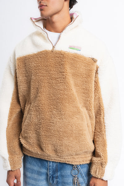 Nordic Renk Bloklu Peluş Sweatshirt Camel