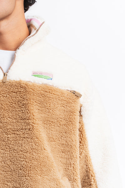 Nordic Renk Bloklu Peluş Sweatshirt Camel