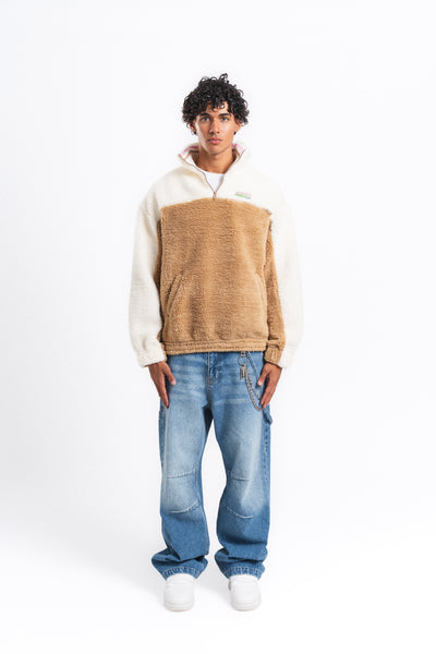 Nordic Renk Bloklu Peluş Sweatshirt Camel