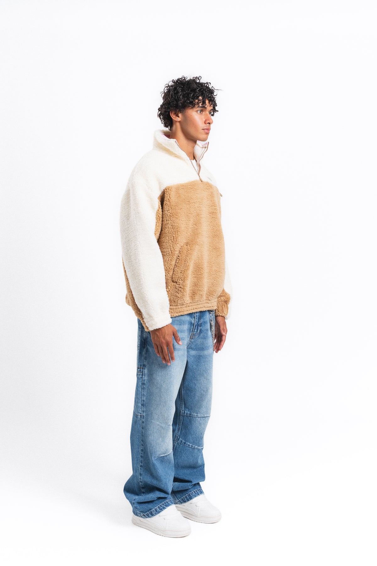 Nordic Renk Bloklu Peluş Sweatshirt Camel