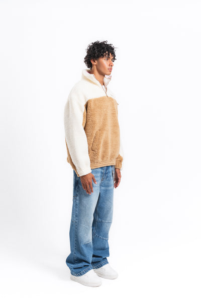 Nordic Renk Bloklu Peluş Sweatshirt Camel