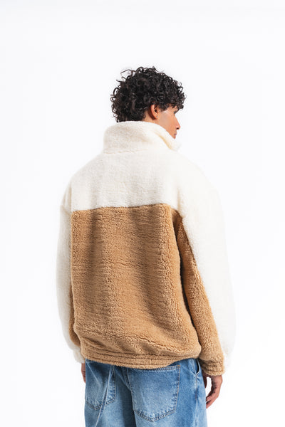 Nordic Renk Bloklu Peluş Sweatshirt Camel