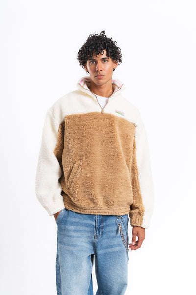 Nordic Renk Bloklu Peluş Sweatshirt Camel