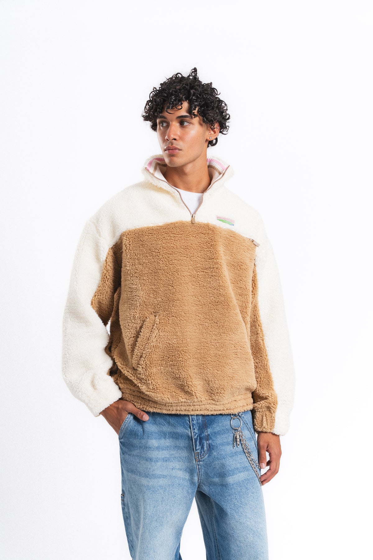 Nordic Renk Bloklu Peluş Sweatshirt Camel