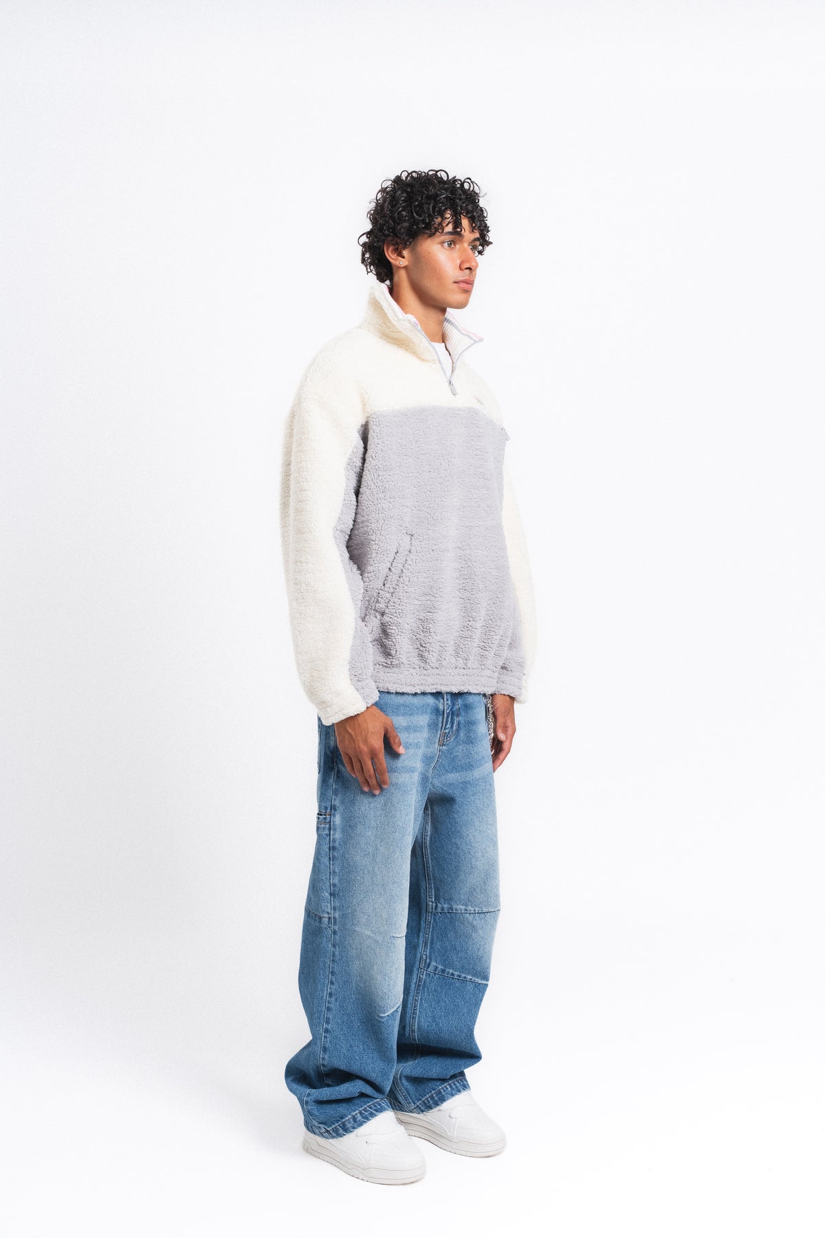 Nordic Renk Bloklu Peluş Sweatshirt Gri