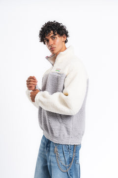 Nordic Renk Bloklu Peluş Sweatshirt Gri