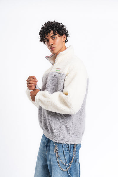 Nordic Renk Bloklu Peluş Sweatshirt Gri
