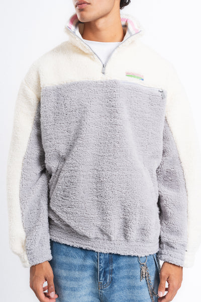 Nordic Renk Bloklu Peluş Sweatshirt Gri