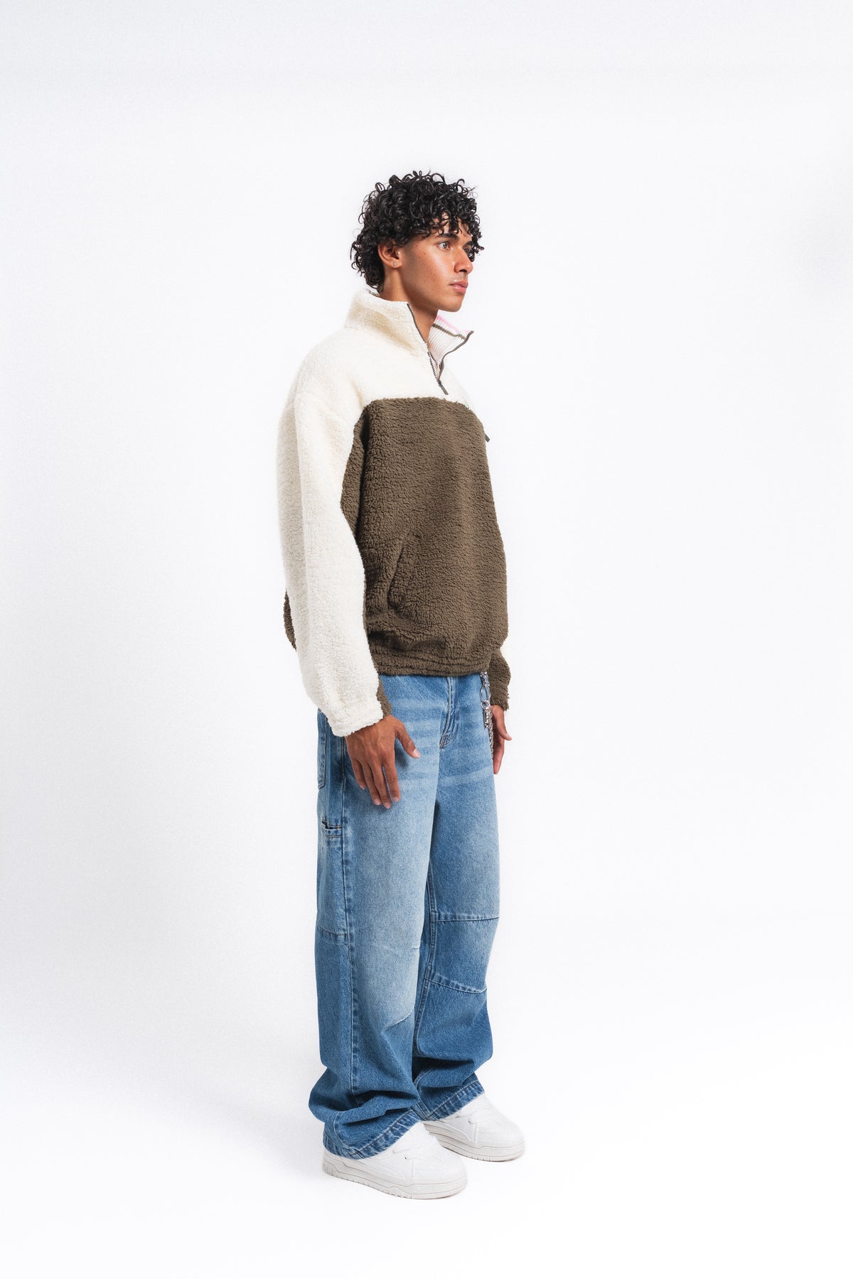 Nordic Renk Bloklu Peluş Sweatshirt Haki
