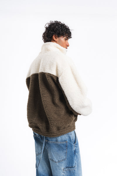 Nordic Renk Bloklu Peluş Sweatshirt Haki