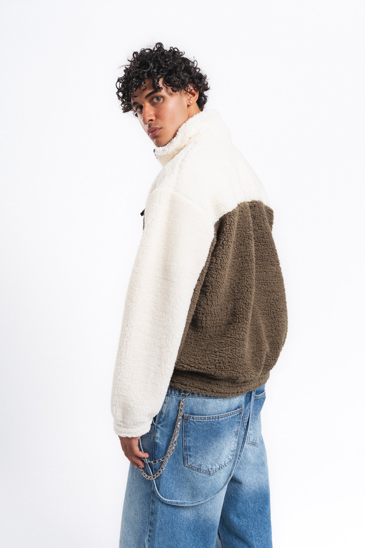 Nordic Renk Bloklu Peluş Sweatshirt Haki