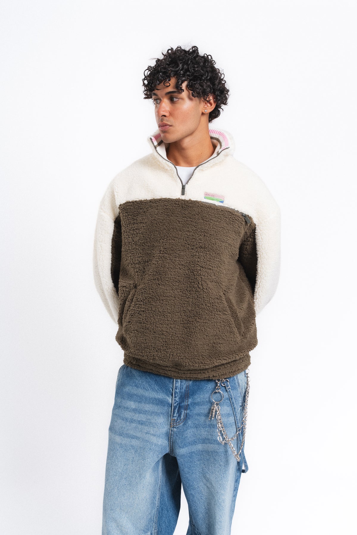 Nordic Renk Bloklu Peluş Sweatshirt Haki