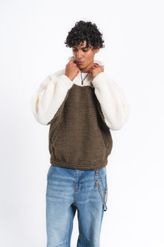 Nordic Renk Bloklu Peluş Sweatshirt Haki