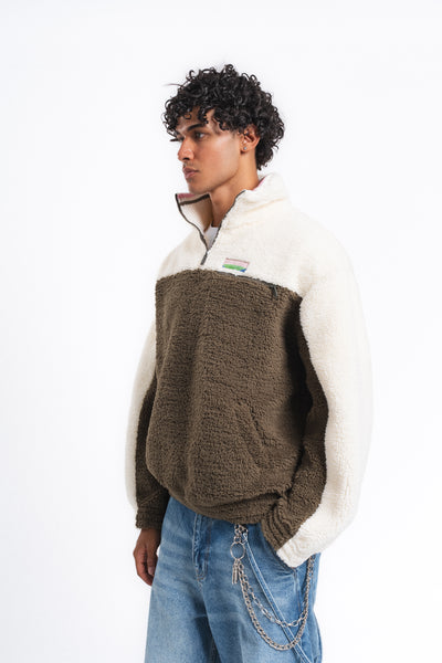 Nordic Renk Bloklu Peluş Sweatshirt Haki