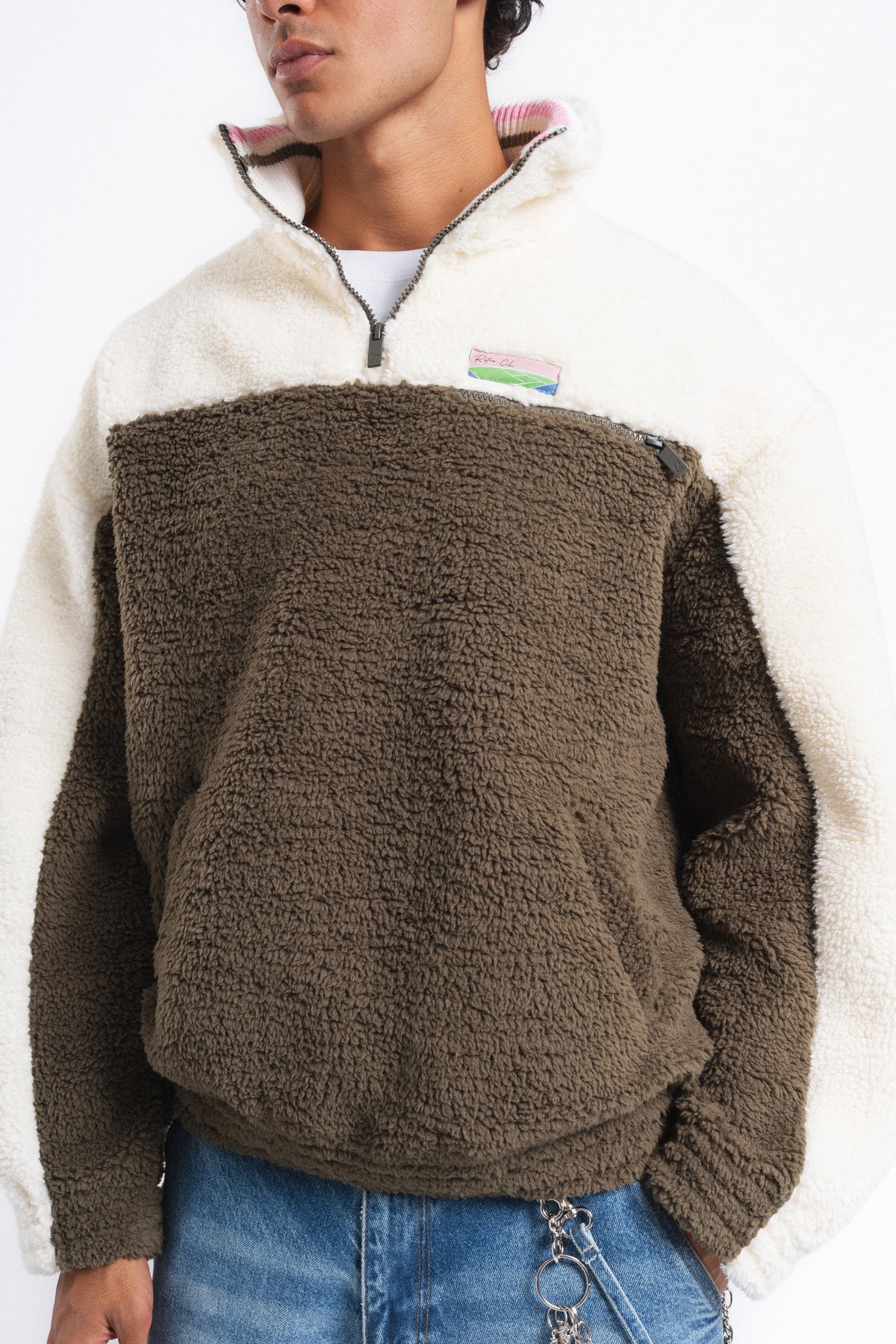 Nordic Renk Bloklu Peluş Sweatshirt Haki