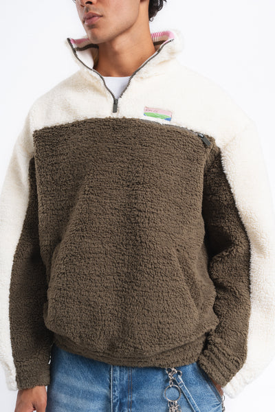 Nordic Renk Bloklu Peluş Sweatshirt Haki