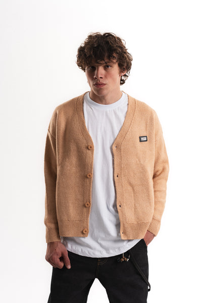 Oversize V Yaka Şardonlu Hırka - Camel