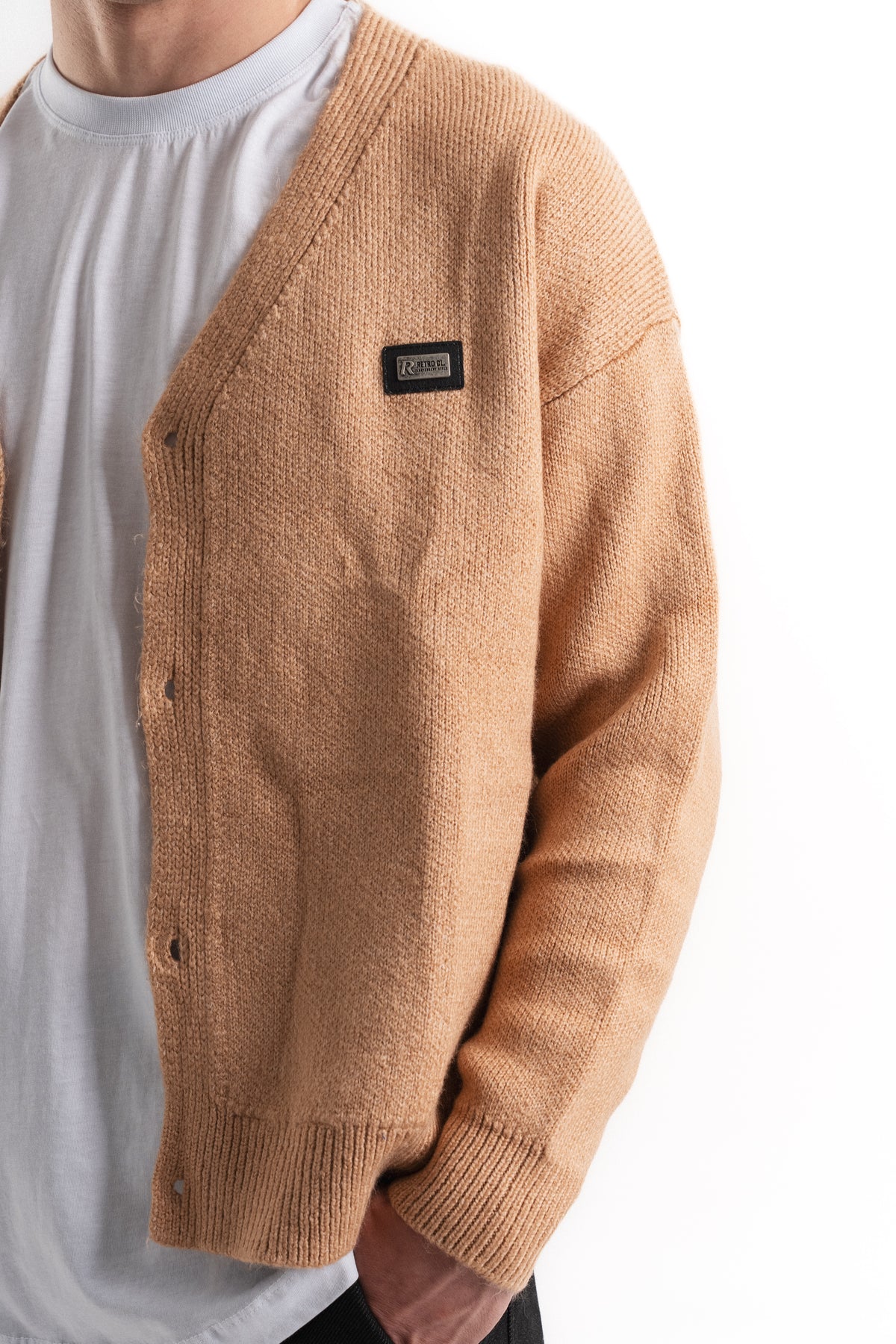 Oversize V Yaka Şardonlu Hırka - Camel