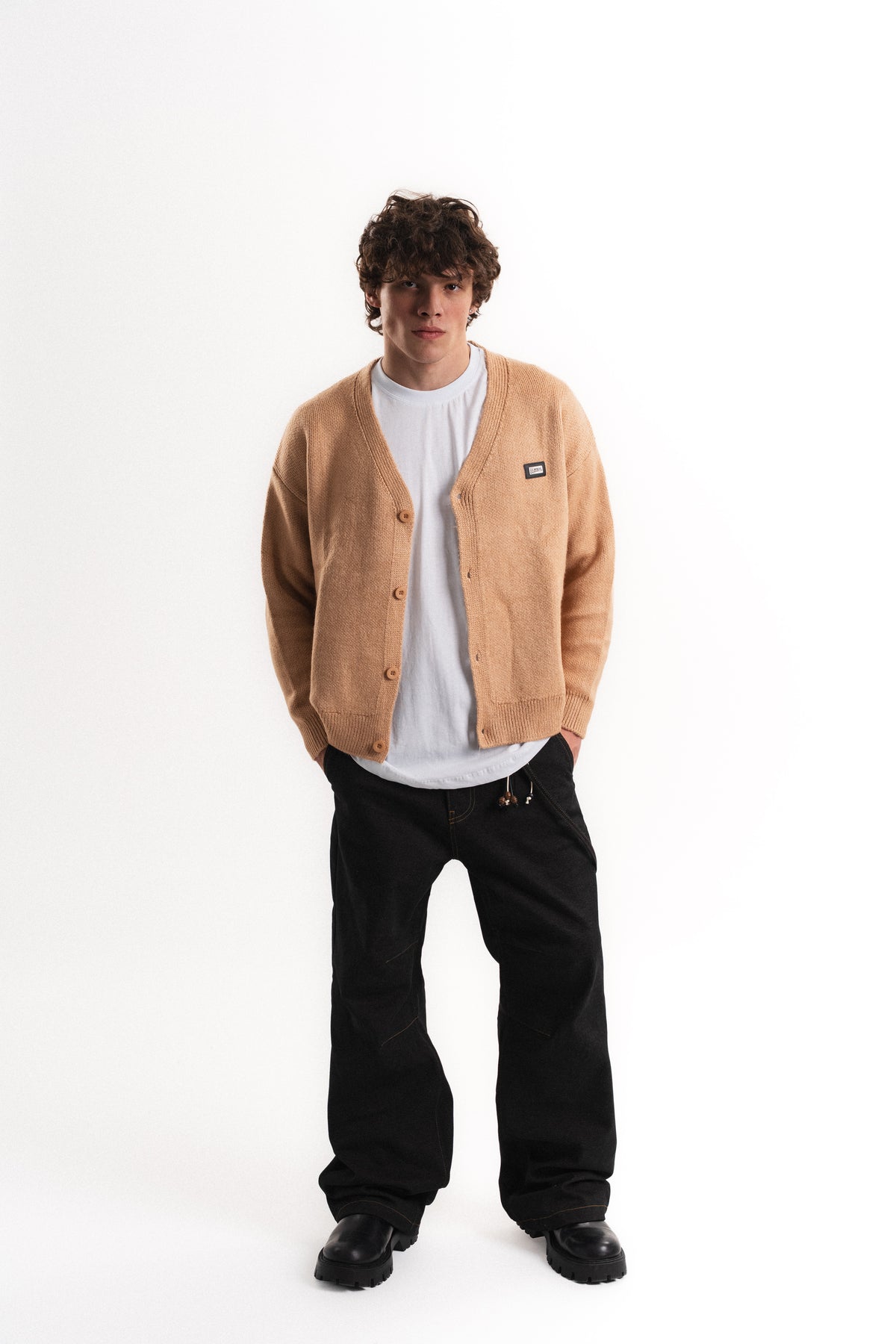 Oversize V Yaka Şardonlu Hırka - Camel