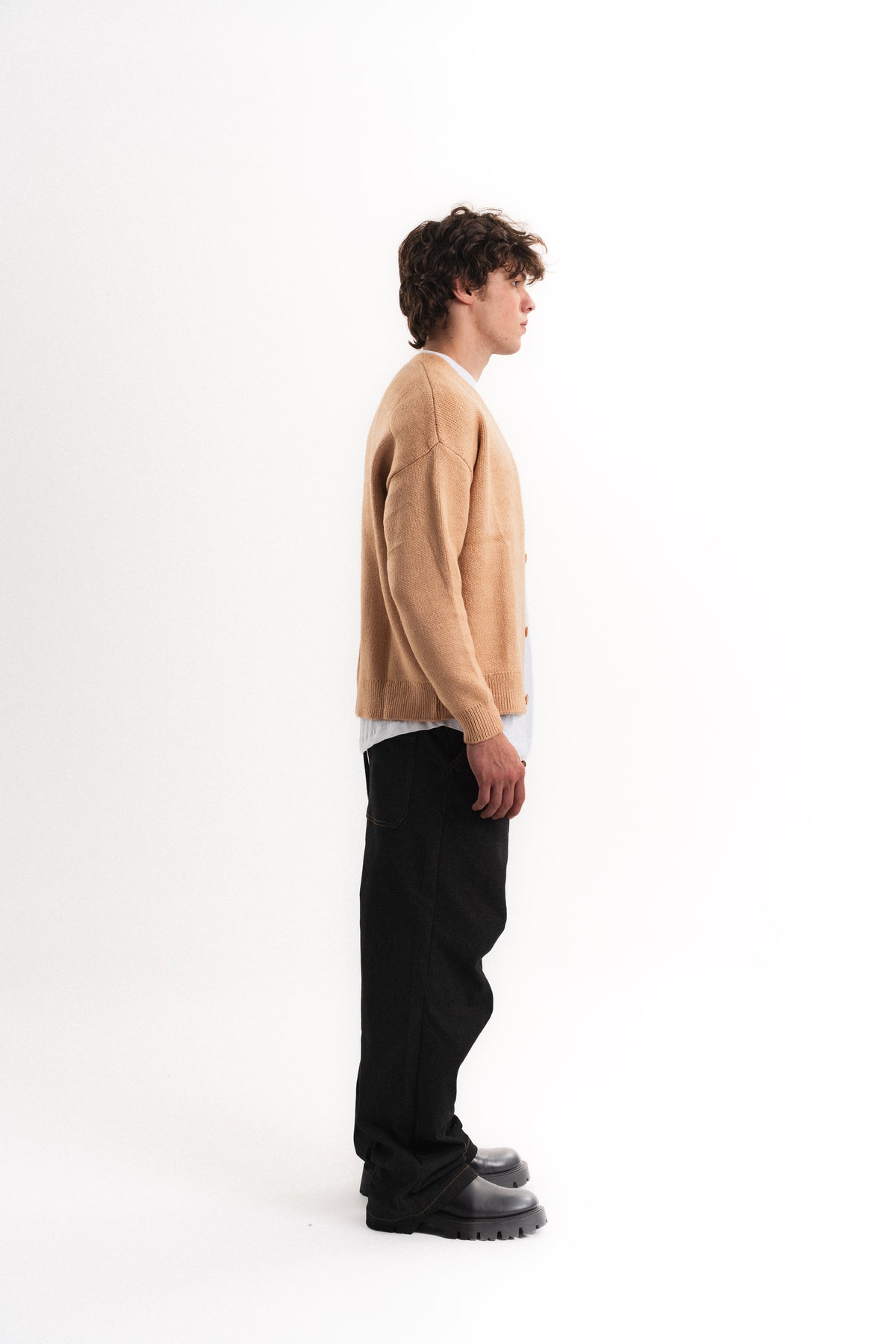 Oversize V Yaka Şardonlu Hırka - Camel