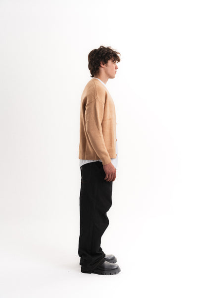 Oversize V Yaka Şardonlu Hırka - Camel