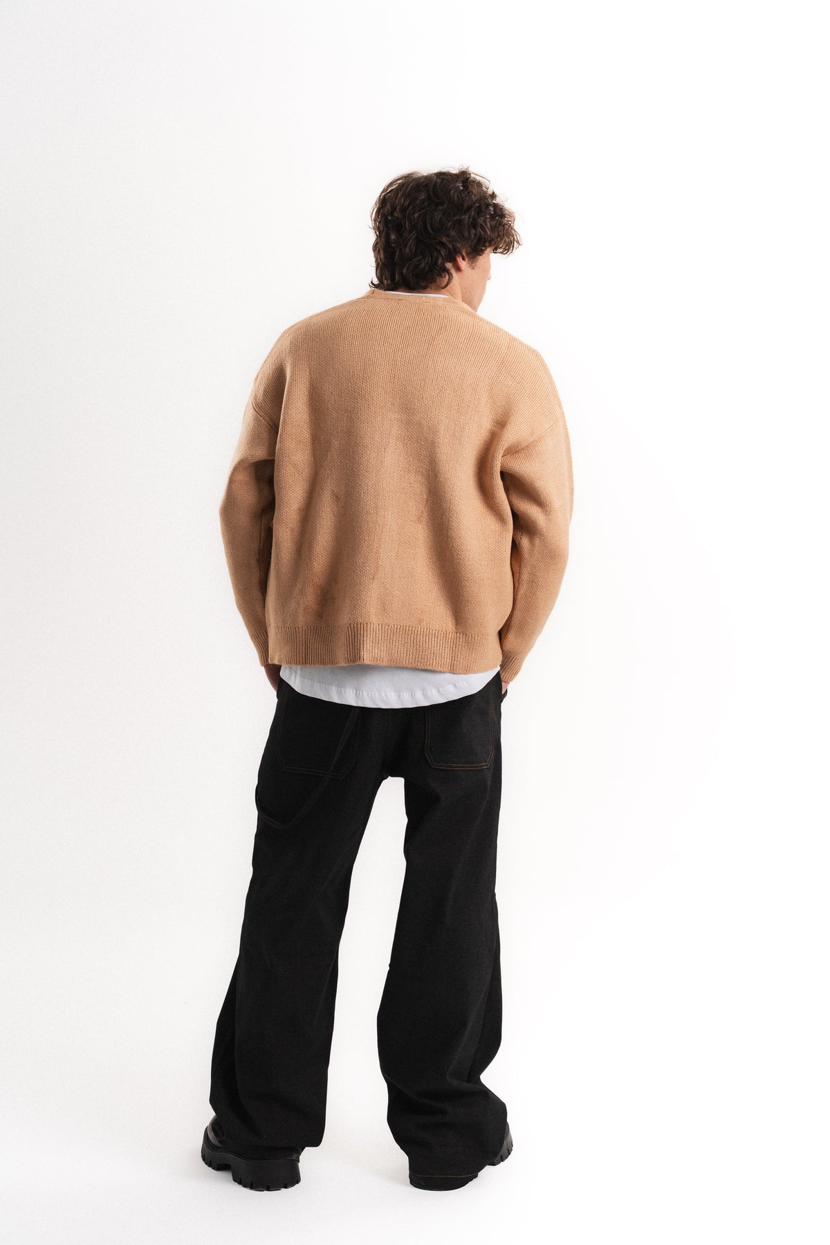 Oversize V Yaka Şardonlu Hırka - Camel