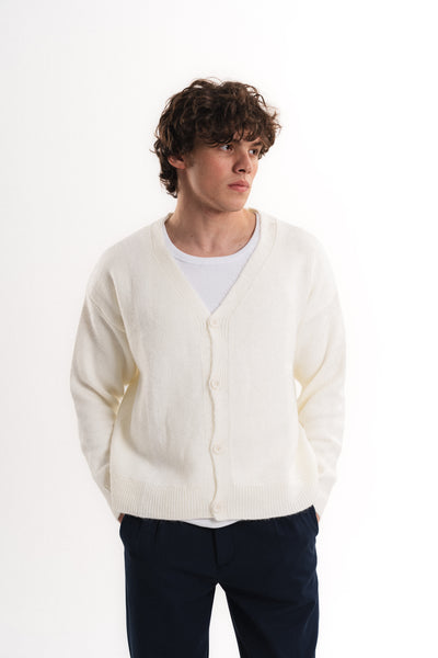 Oversize V Yaka Şardonlu Hırka - Ekru