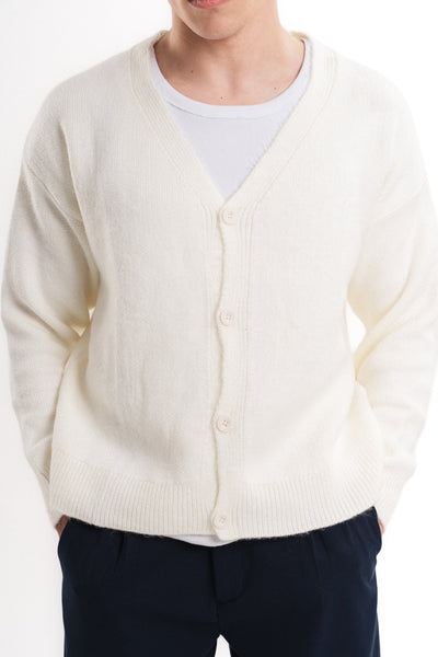 Oversize V Yaka Şardonlu Hırka - Ekru
