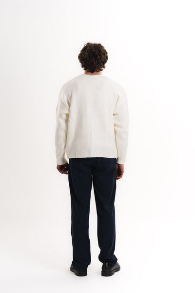 Oversize V Yaka Şardonlu Hırka - Ekru