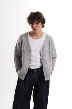 Oversize V Yaka Şardonlu Hırka - Gri